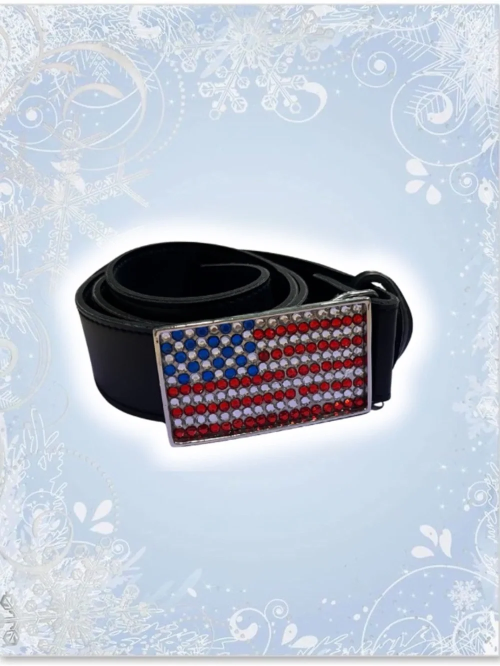 Black Leather Belt with Rhinestone American Flag Buckle